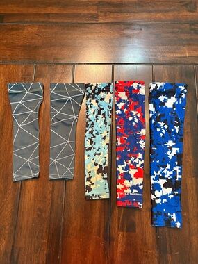 5 Kids Compression Arm Sleeves - Gray, Camo, Red/Blue, Blue Digital Prints